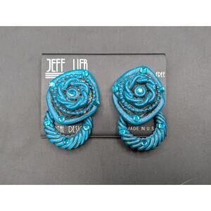 Vintage Jeff Lieb Teal Blue Rose Clip On Earrings Rhinestone Statement Textured